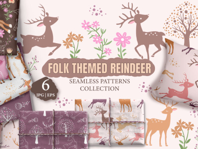 cute folk reindeer seamless patterns