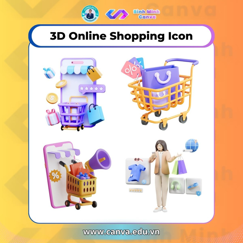 Bình Minh Canva - Từ khóa chủ đề 3D Marketing - 3D Online Shopping Icon