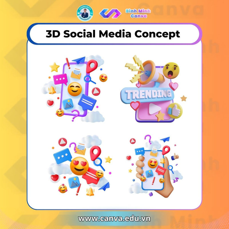 Bình Minh Canva - Từ khóa chủ đề 3D Marketing - 3D Social Media Concept