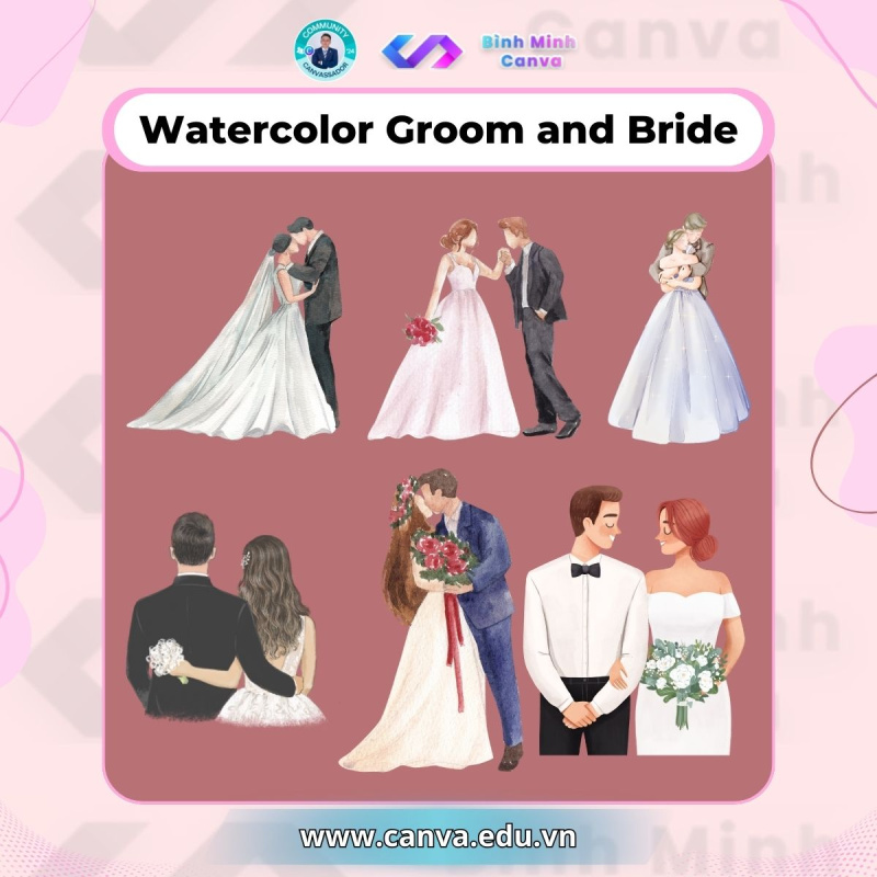 Bình Minh Canva - Từ khóa chủ đề Wedding - Watercolor Groom and Bride