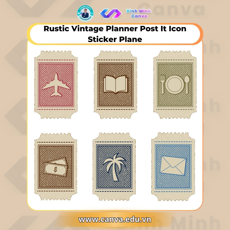 Bình Minh Canva - Từ khóa chủ đề Vintage - Rustic Vintage Planner Post It Icon Sticker Plane