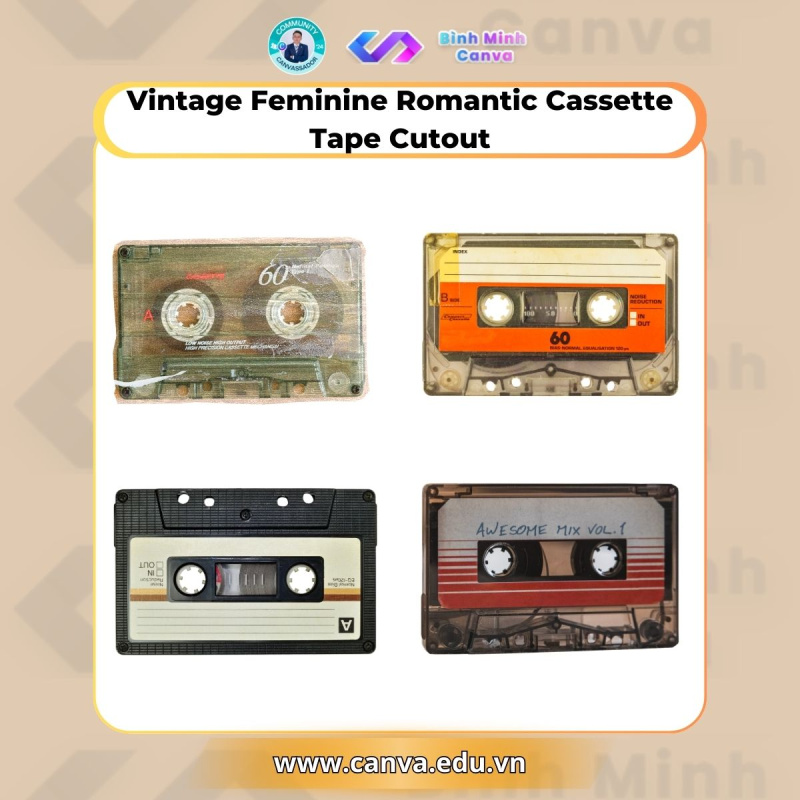 Bình Minh Canva - Từ khóa chủ đề Vintage - Vintage Feminine Romantic Cassette Tape Cutout
