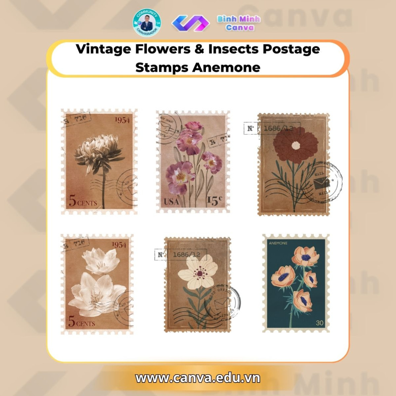 Bình Minh Canva - Từ khóa chủ đề Vintage - Vintage Flowers & Insects Postage Stamps Anemone